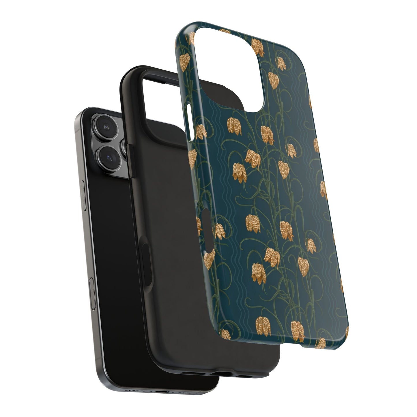 Campanas Floral Tough Phone Case — Dark Blue and Goldenrod Wildflower Protective Cover, Personalizable