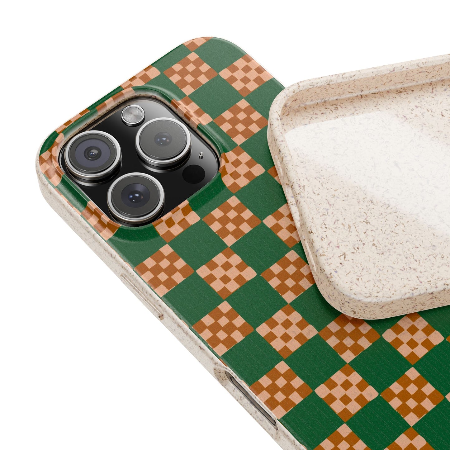 Checkered Quilt Phone Case - green, peach and toffee - Eco-Friendly, Biodegradable