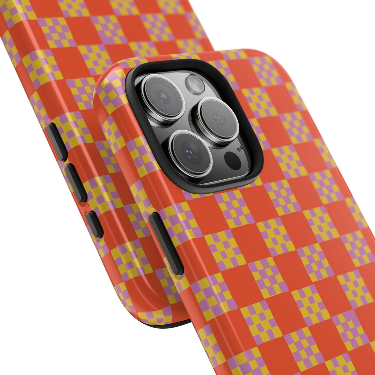 Checker Quilt Tough Phone Case — Retro Red Orange and Purple Pattern, Protective iPhone Cover, Personalizable