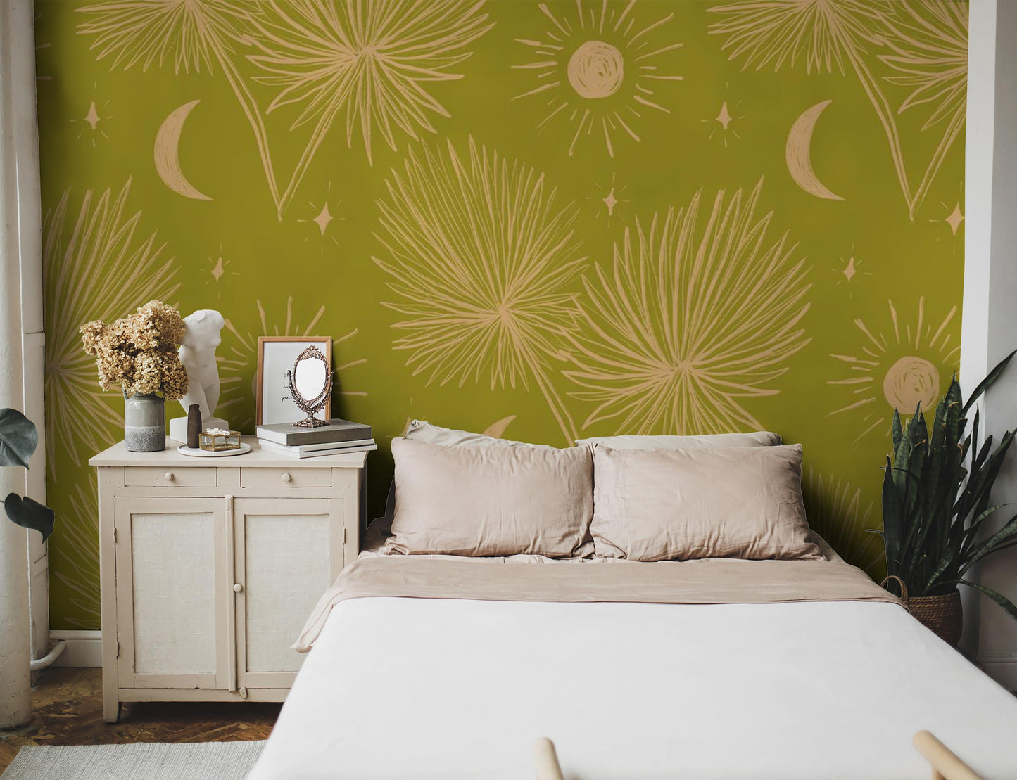 Night Palm Wallpaper, chartreuse & peach