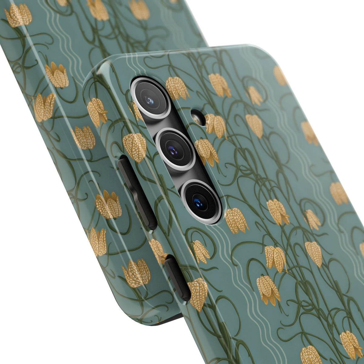 Campanas Floral Tough Phone Case — Dusty Blue and Marigold Wildflower Protective Cover, Personalizable