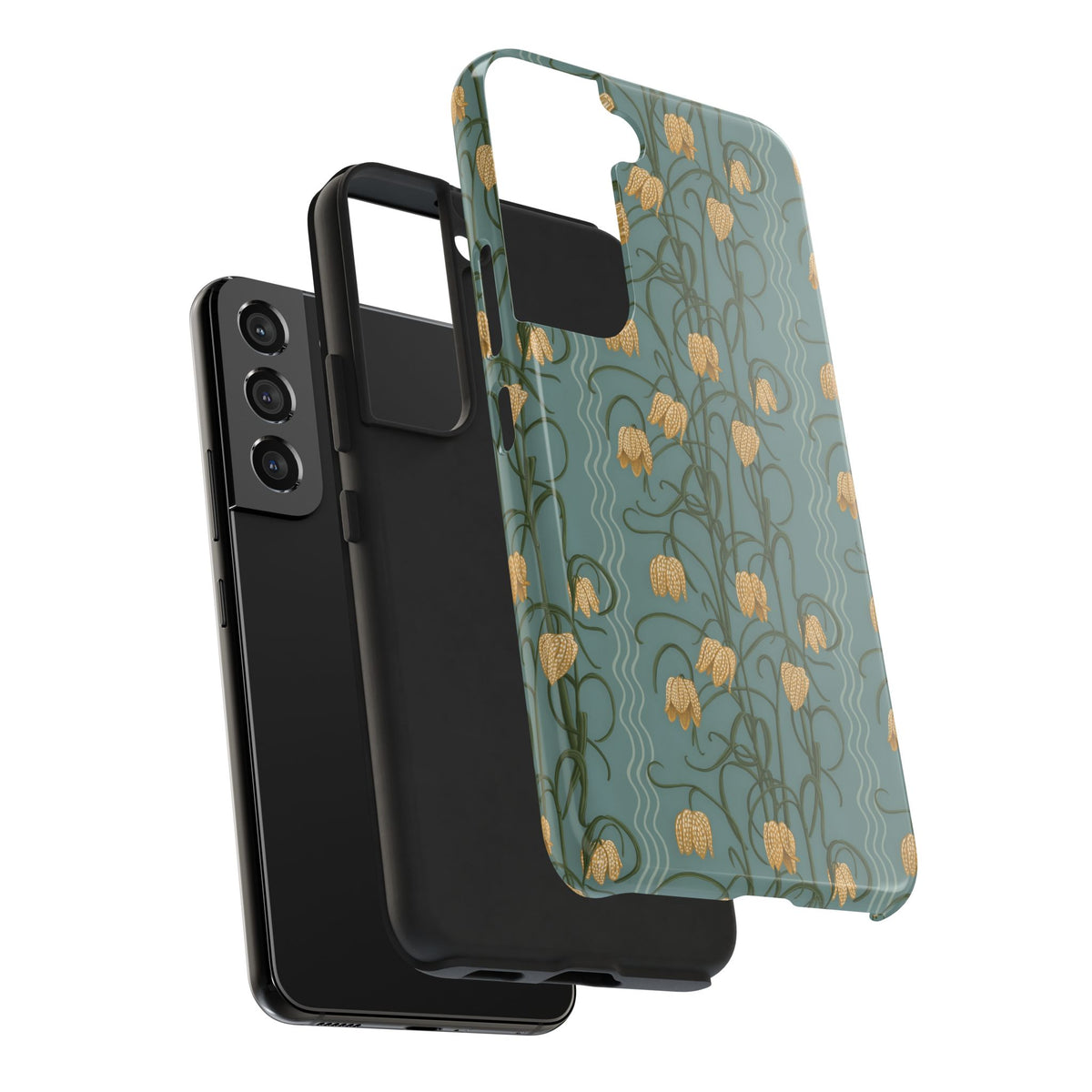 Campanas Floral Tough Phone Case — Dusty Blue and Marigold Wildflower Protective Cover, Personalizable
