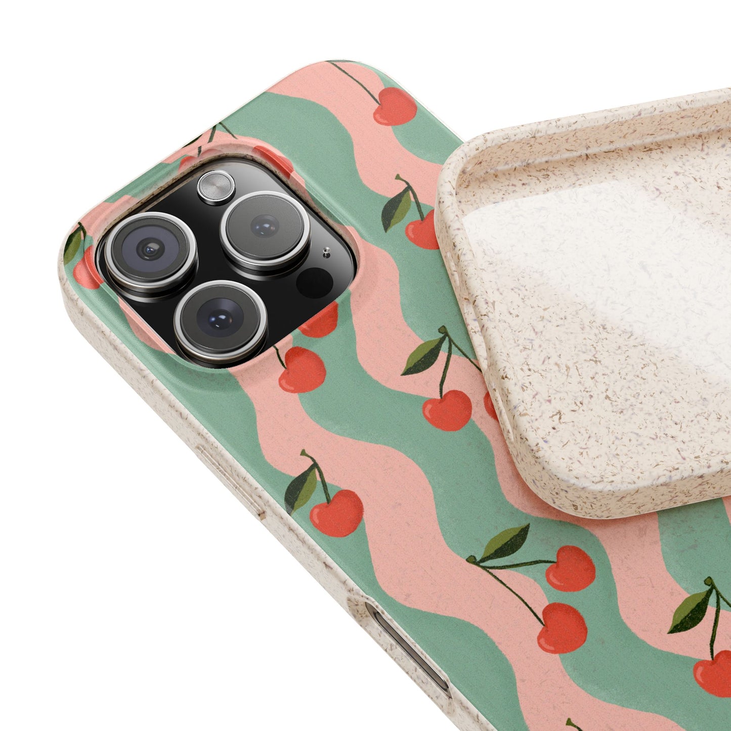 Wavy Cherry Phone Case - pink and teal - Eco-Friendly, Biodegradable