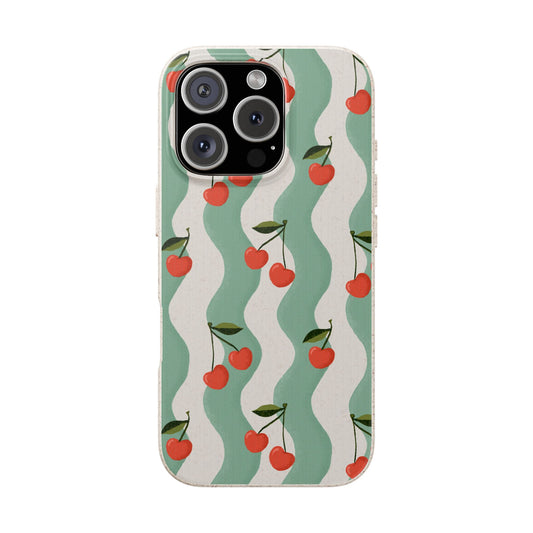 Wavy Cherry Phone Case - white and teal - Eco-Friendly, Biodegradable