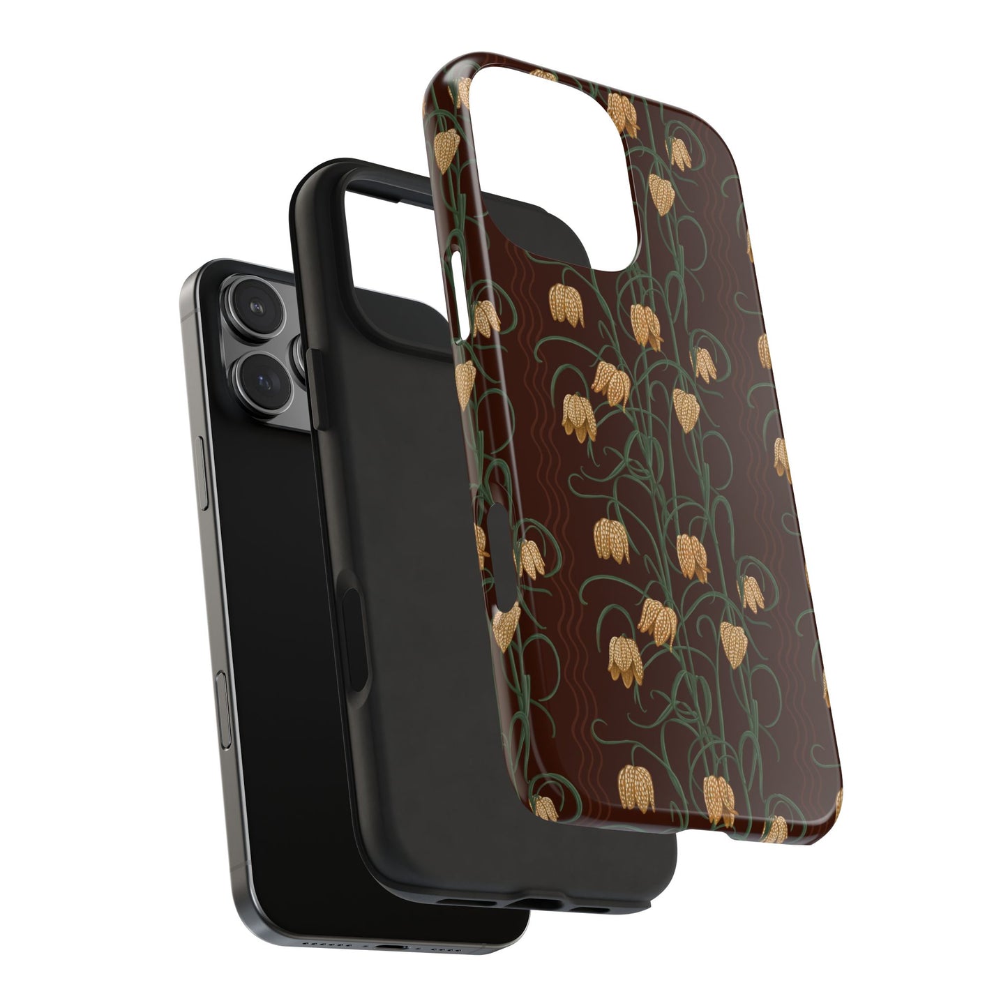 Campanas Floral Tough Phone Case — Chocolate and Goldenrod Wildflower Protective Cover, Personalizable