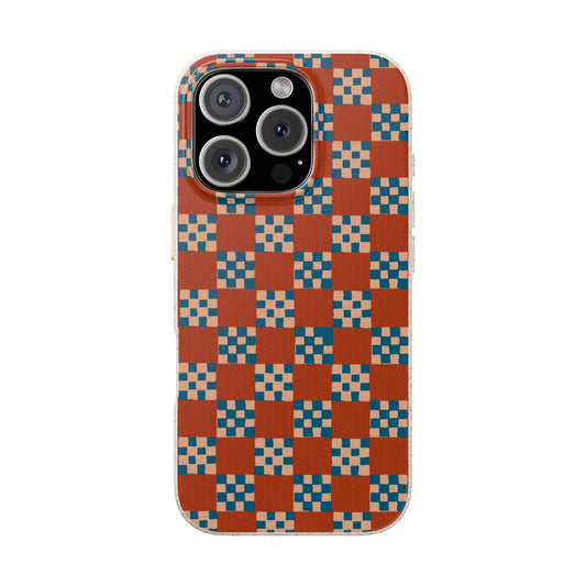 Checkered Quilt Phone Case - rust, peach and blue - Eco-Friendly, Biodegradable