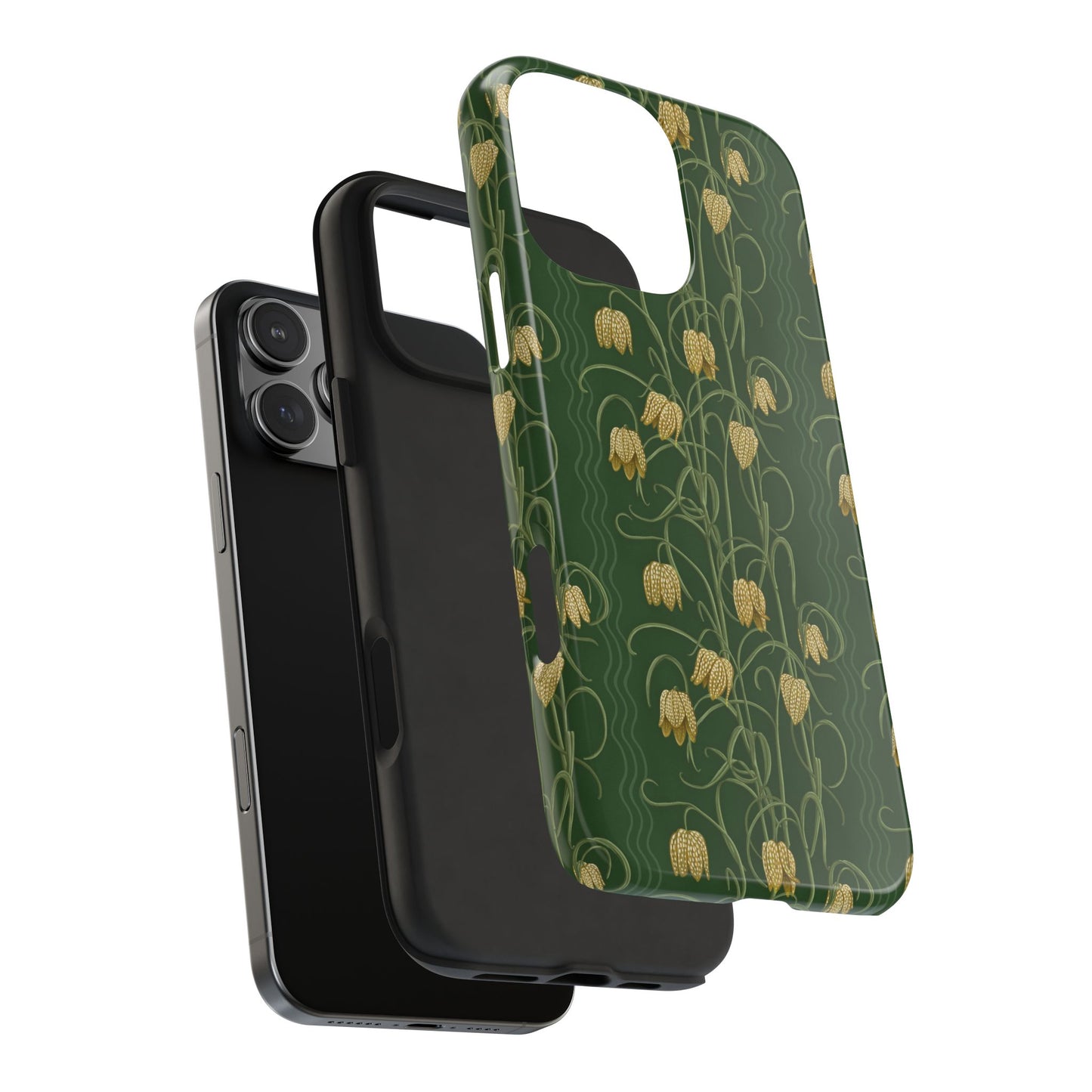 Campanas Floral Tough Phone Case — Dark Green and Ocher Wildflower Protective Cover, Personalizable