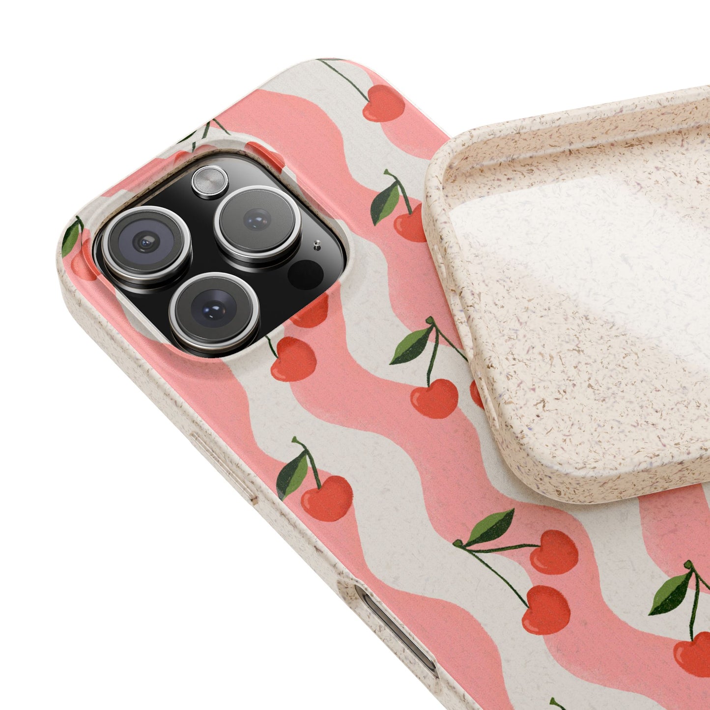 Wavy Cherry Phone Case - white and pink - Eco-Friendly, Biodegradable