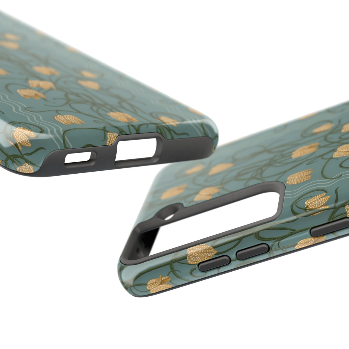 Campanas Floral Tough Phone Case — Dusty Blue and Marigold Wildflower Protective Cover, Personalizable