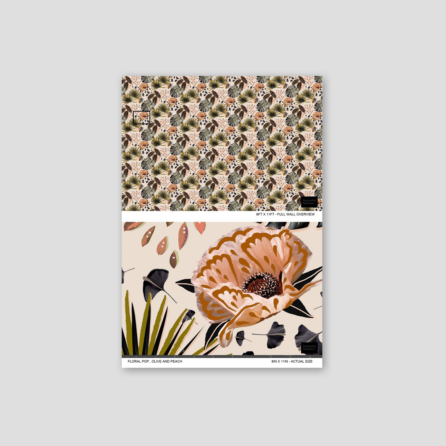 Floral Pop Wallpaper, olive and peach