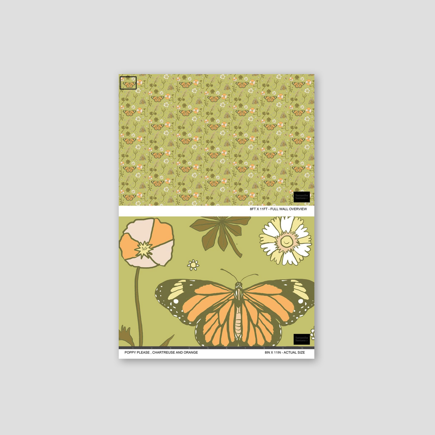 Poppy Please Wallpaper, chartreuse and orange