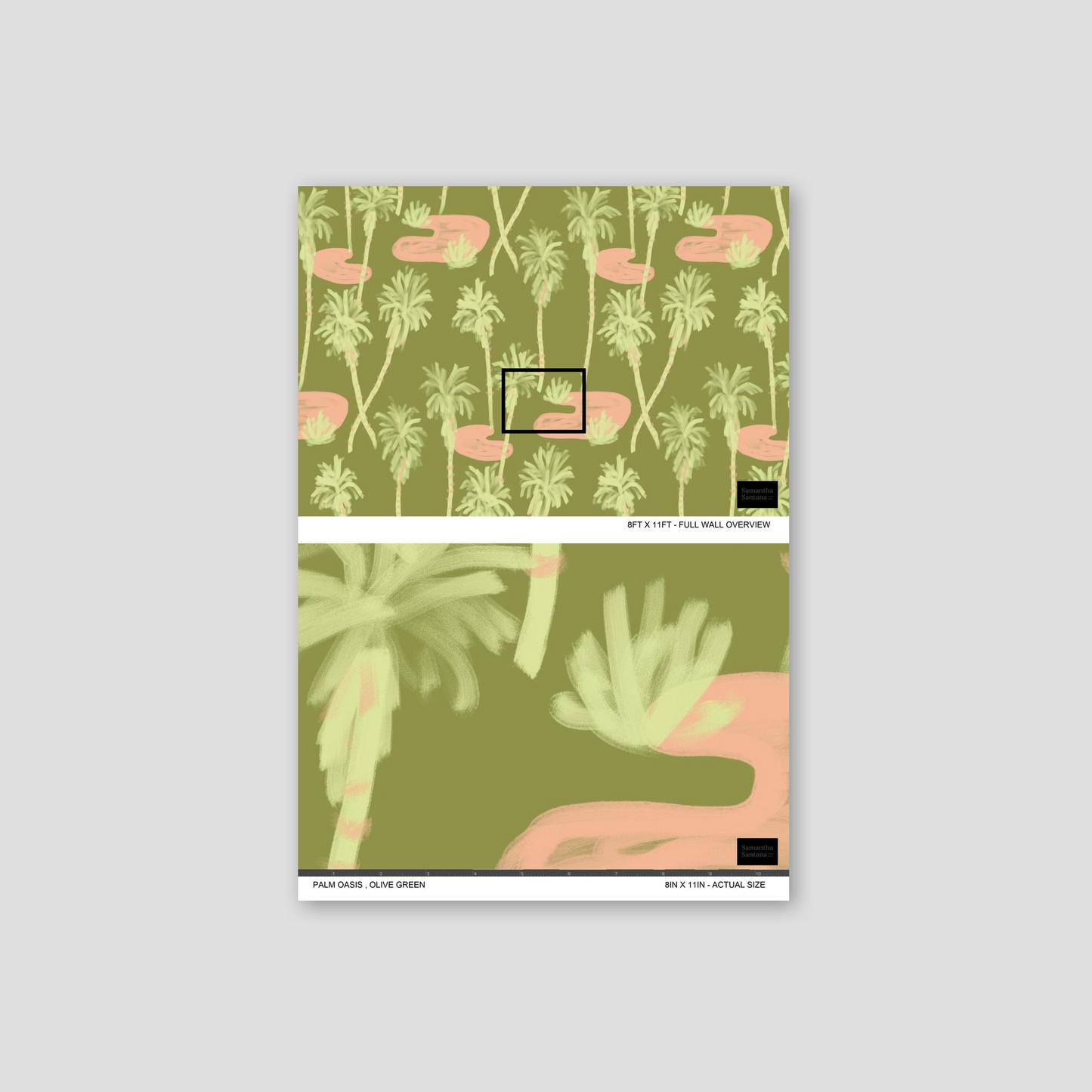 Palm Oasis Wallpaper, olive green and coral