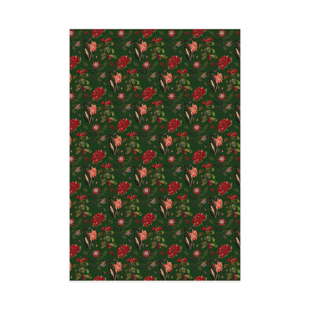 Vintage Poinsettia Wrapping Paper, Large Roll, green & red