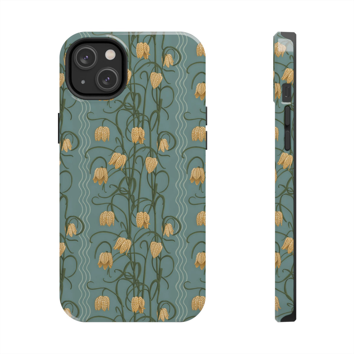 Campanas Floral Tough Phone Case — Dusty Blue and Marigold Wildflower Protective Cover, Personalizable