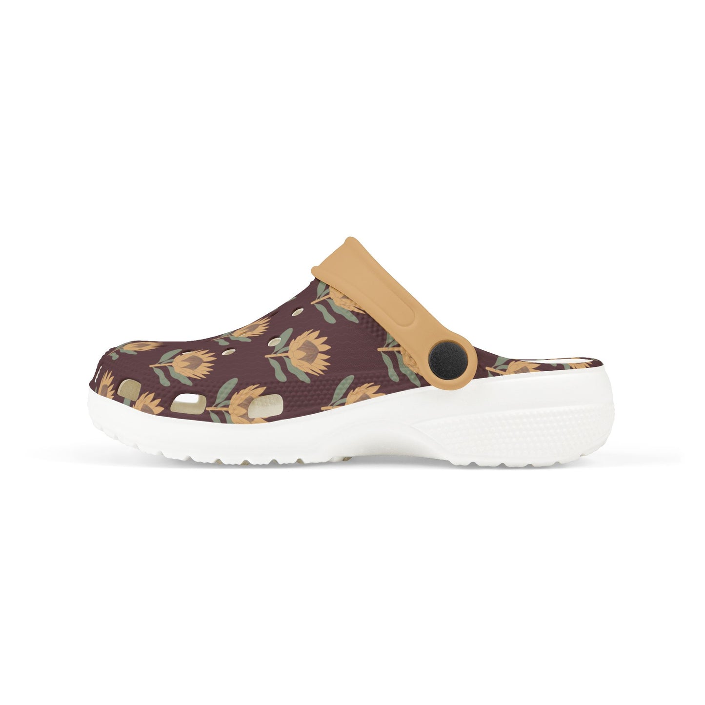 King Protea Floral Kid's EVA Foam Clogs — Dark Plum and Butter Yellow All-Over Print Slip-on Shoes