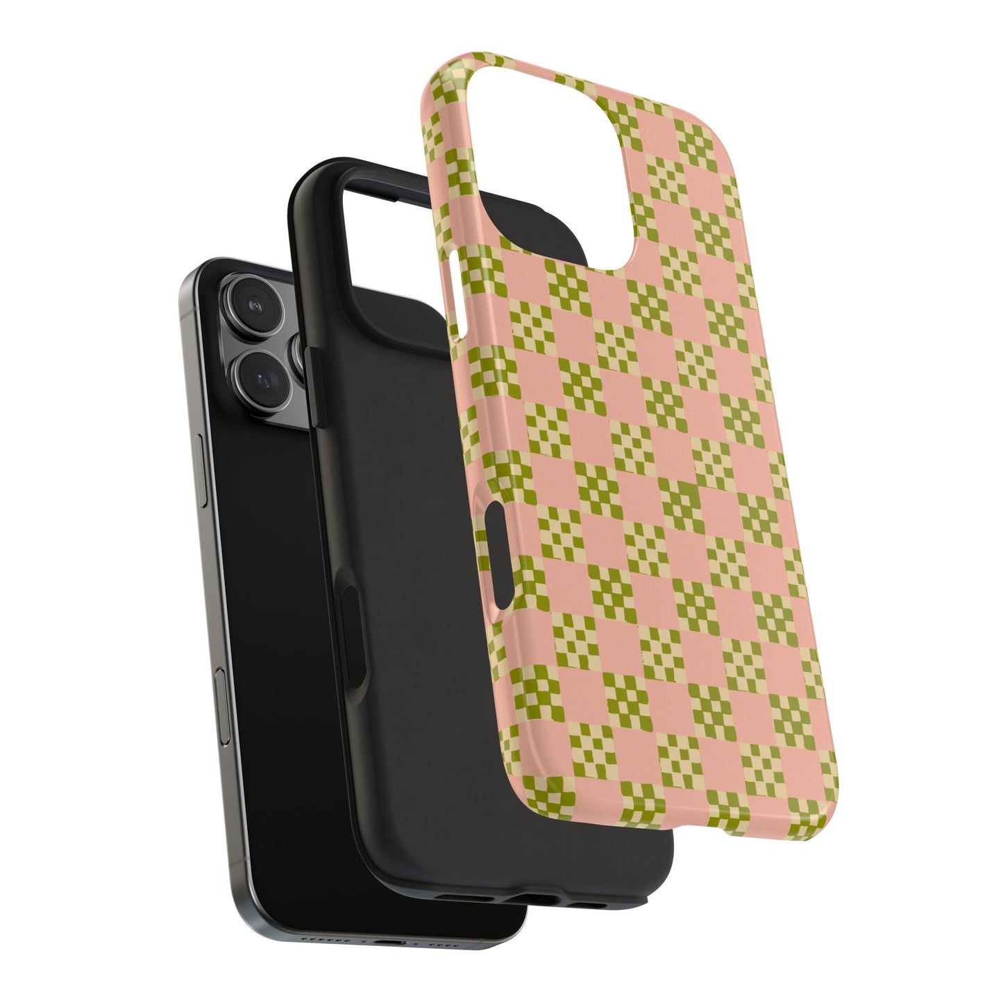 Checker Quilt Tough Phone Case — Retro Pink and Olive Green Pattern, Protective iPhone Cover, Personalizable