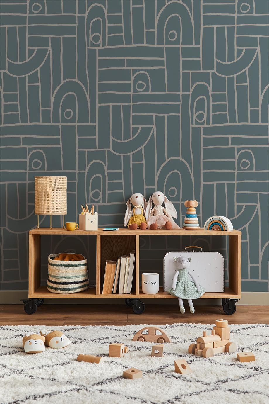 Deco Tile Wallpaper, dusty blue and white
