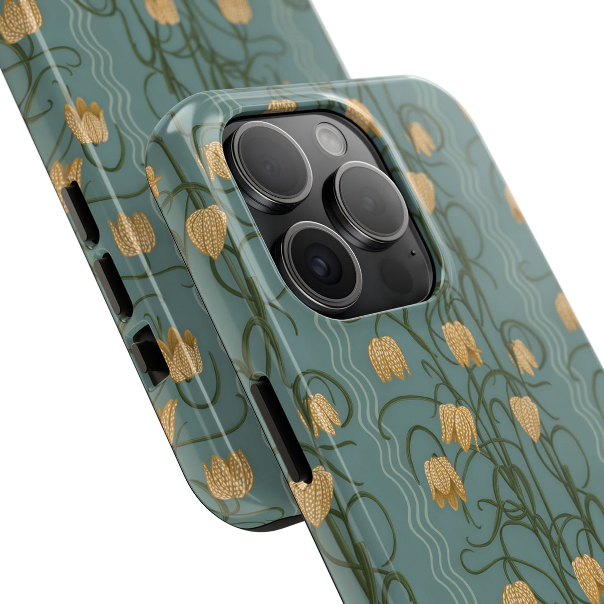 Campanas Floral Tough Phone Case — Dusty Blue and Marigold Wildflower Protective Cover, Personalizable