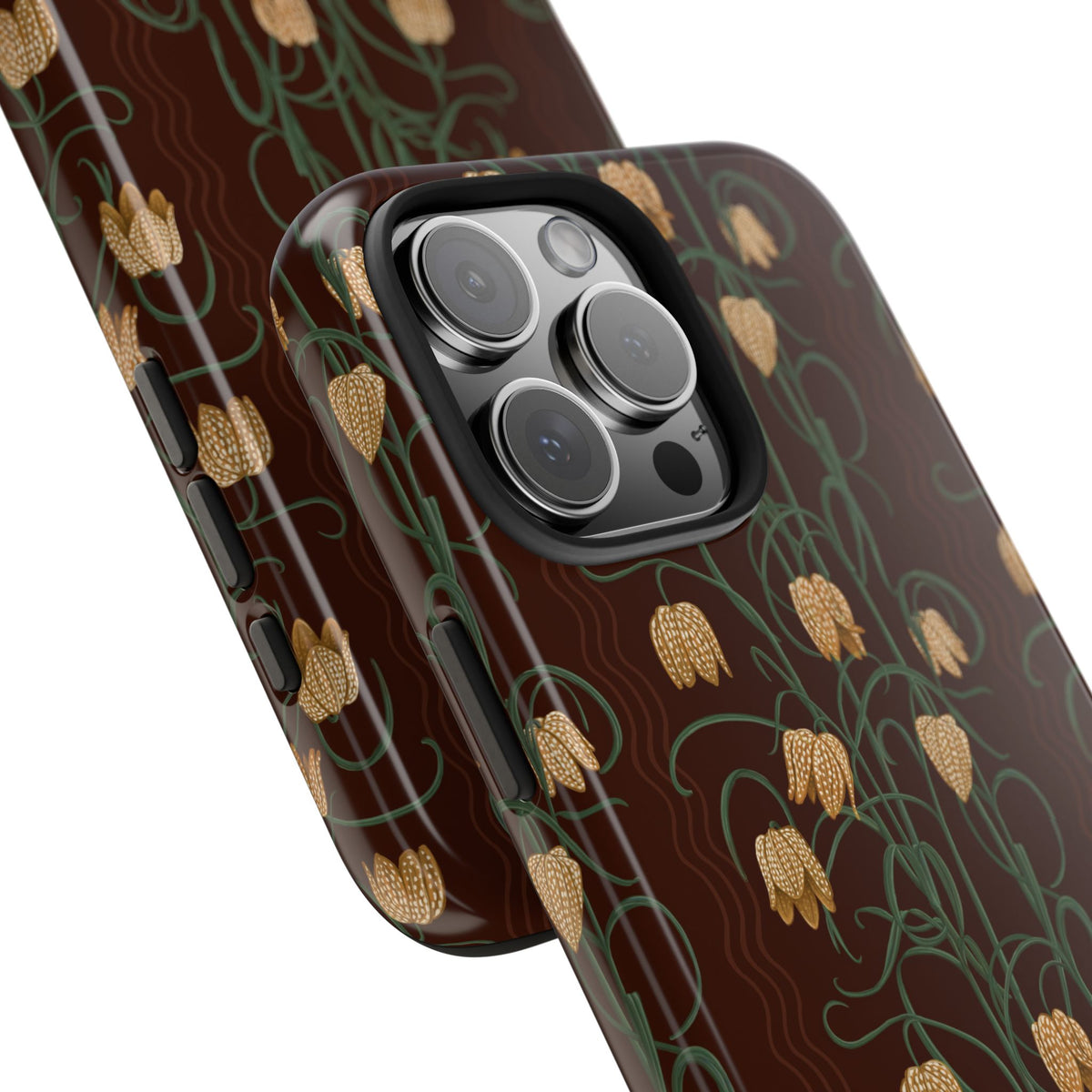 Campanas Floral Tough Phone Case — Chocolate and Goldenrod Wildflower Protective Cover, Personalizable