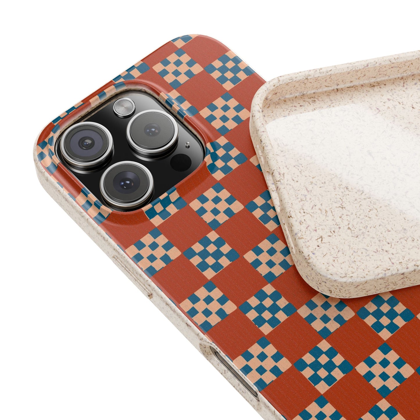 Checkered Quilt Phone Case - rust, peach and blue - Eco-Friendly, Biodegradable