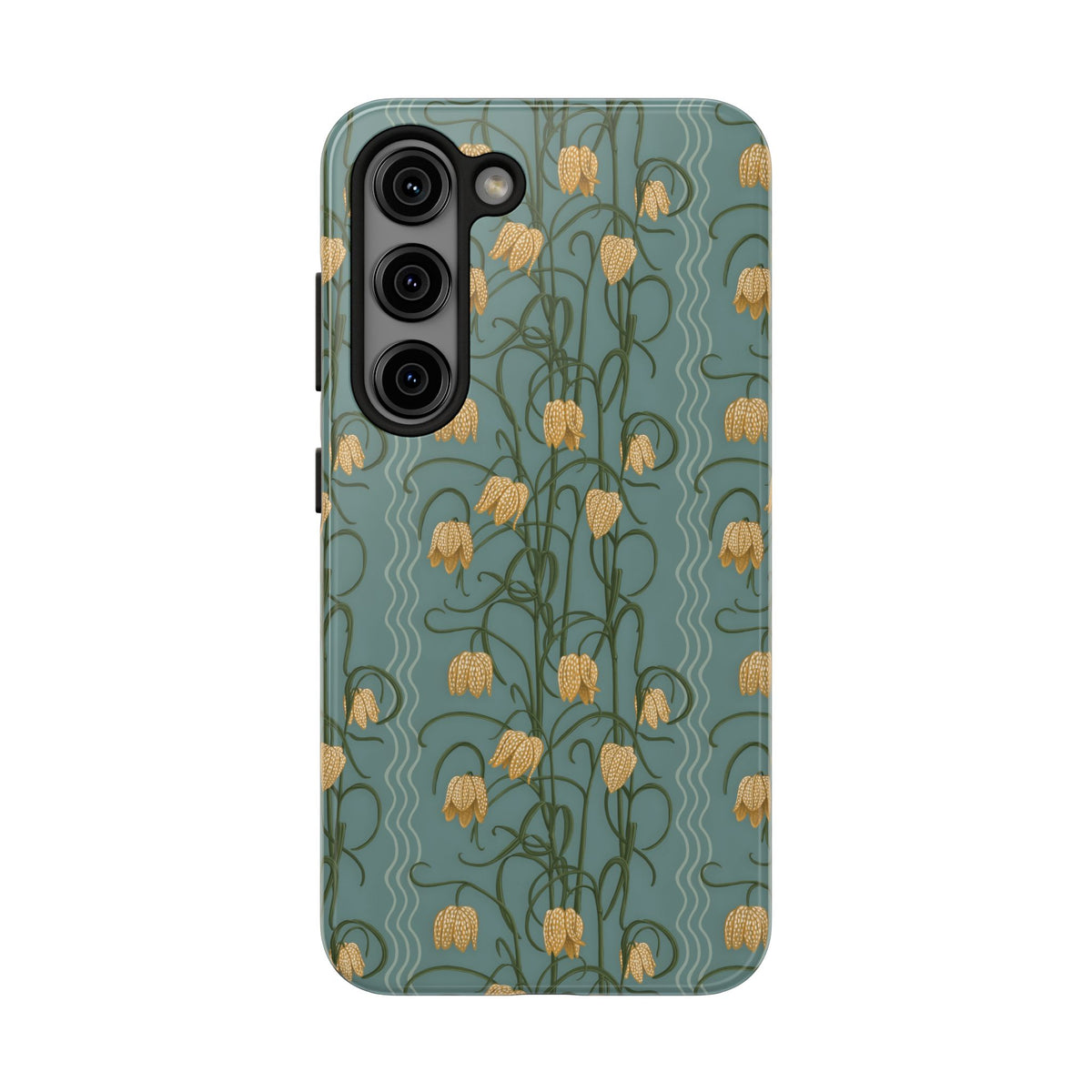 Campanas Floral Tough Phone Case — Dusty Blue and Marigold Wildflower Protective Cover, Personalizable