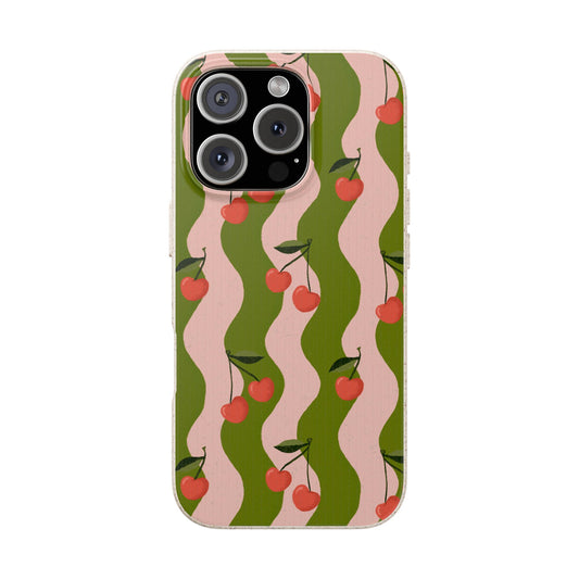Wavy Cherry Phone Case - pink and green - Eco-Friendly, Biodegradable