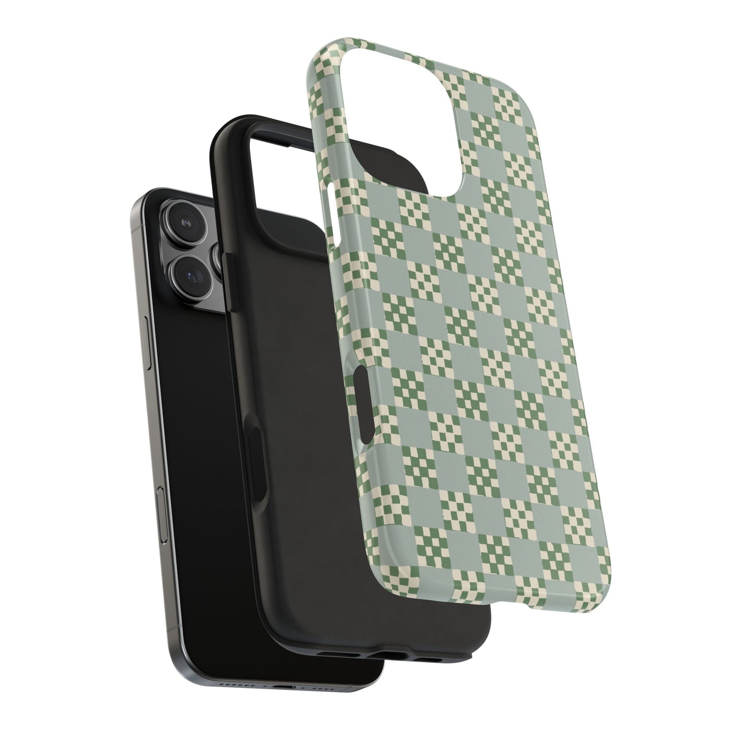 Checker Quilt Tough Phone Case — Retro Mint and Sage Pattern, Protective iPhone Cover, Personalizable
