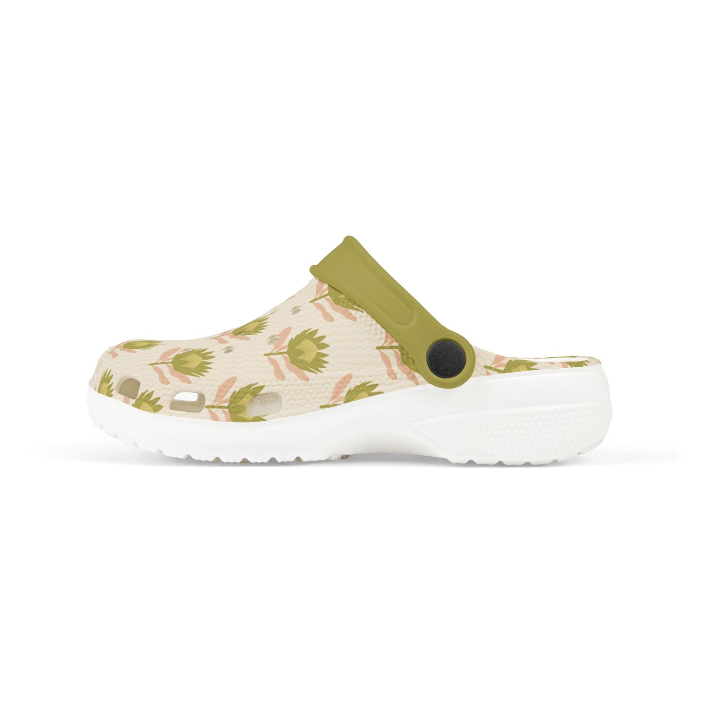 King Protea Floral Kid's EVA Foam Clogs — Tan and Olive All-Over Print Slip-on Shoes