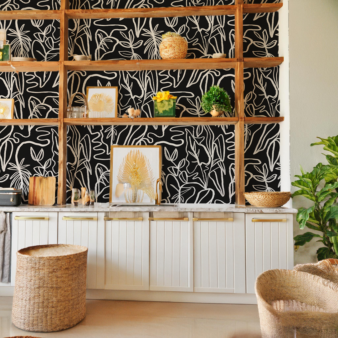 Inked Foliage Wallpaper, black and white