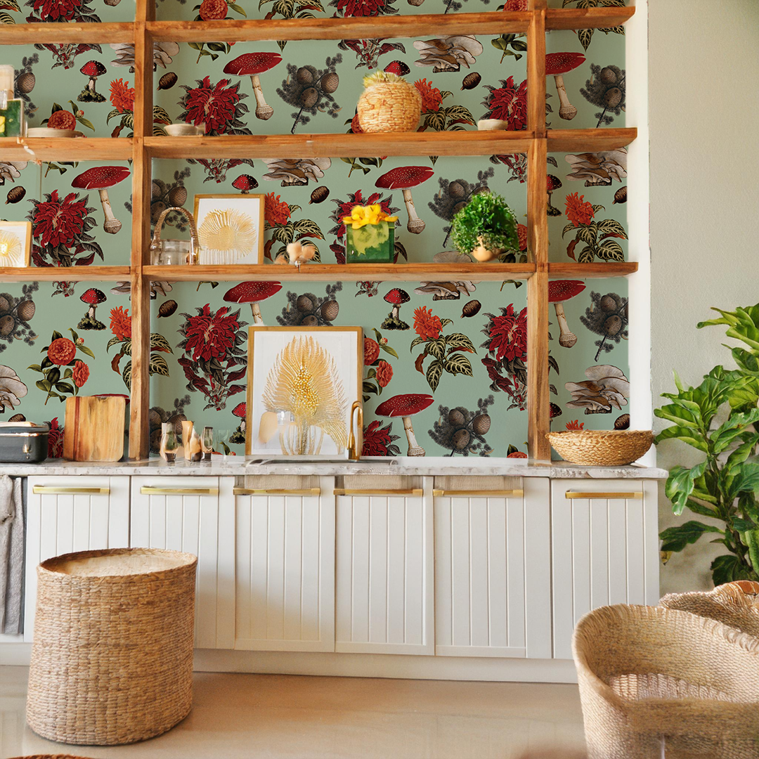 Shrooms Wallpaper, mint and red