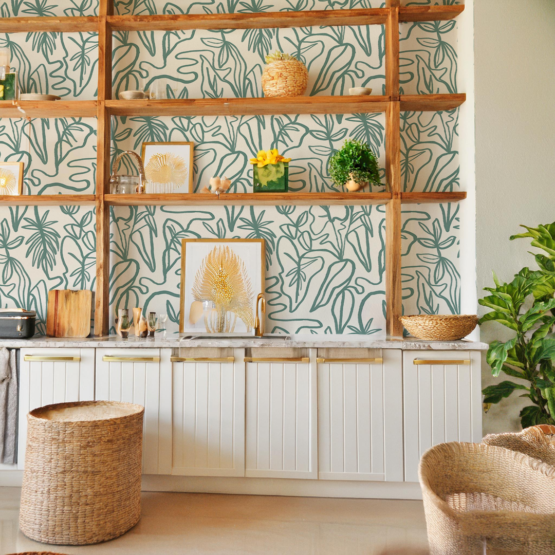 Inked Foliage Wallpaper, white and teal