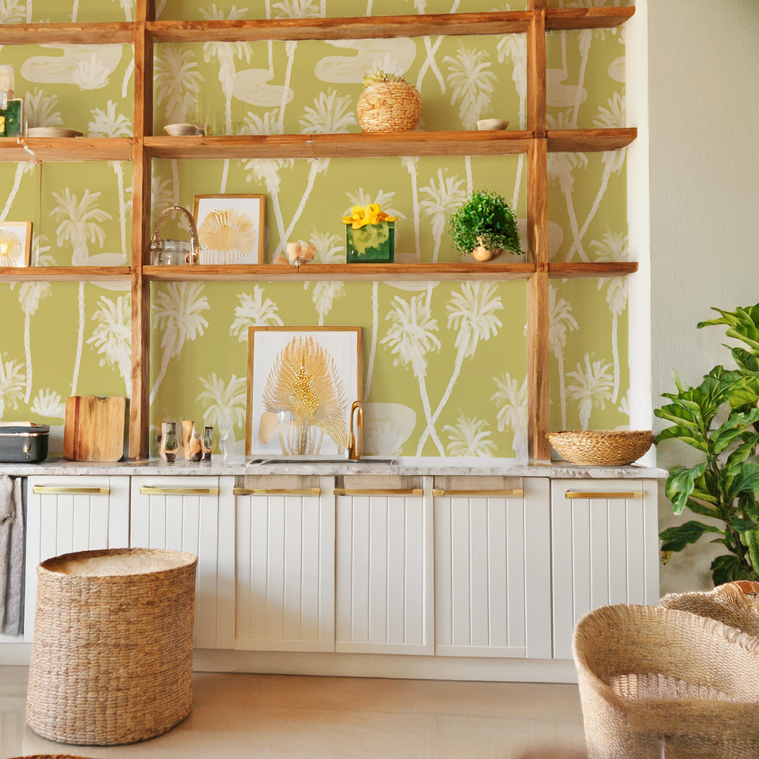 Palm Oasis Wallpaper, lemon and white
