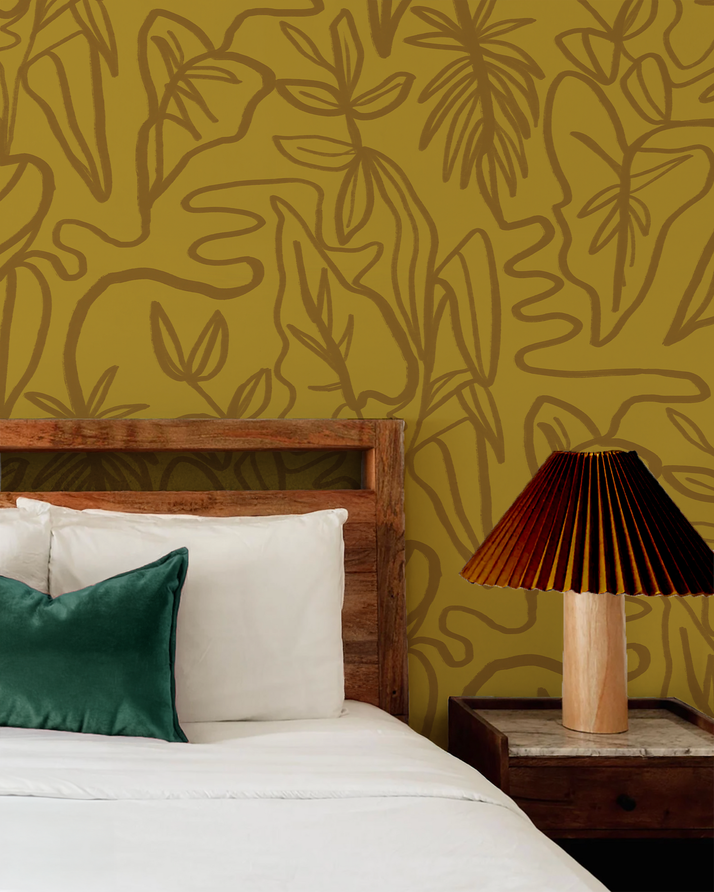 Inked Foliage Wallpaper, mustard