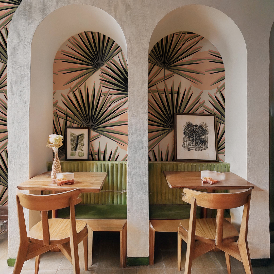 Palm Deco Wallpaper, coral and olive green