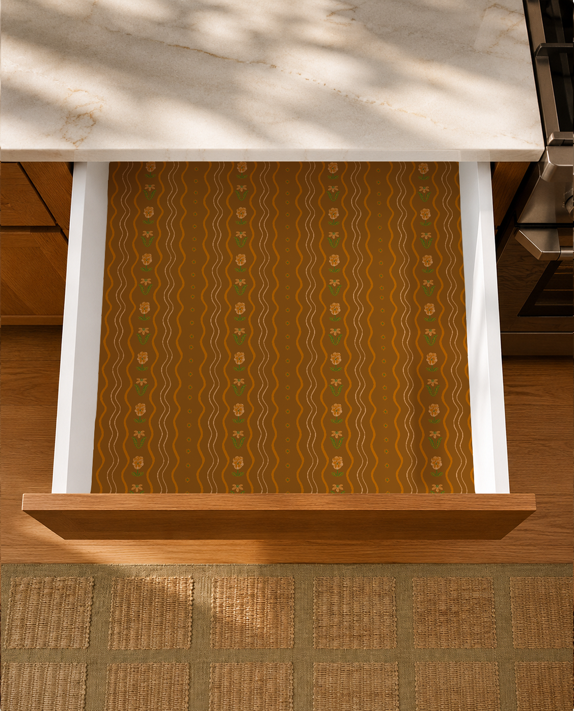 Posy Lane Contact Paper, golden brown, orange and green