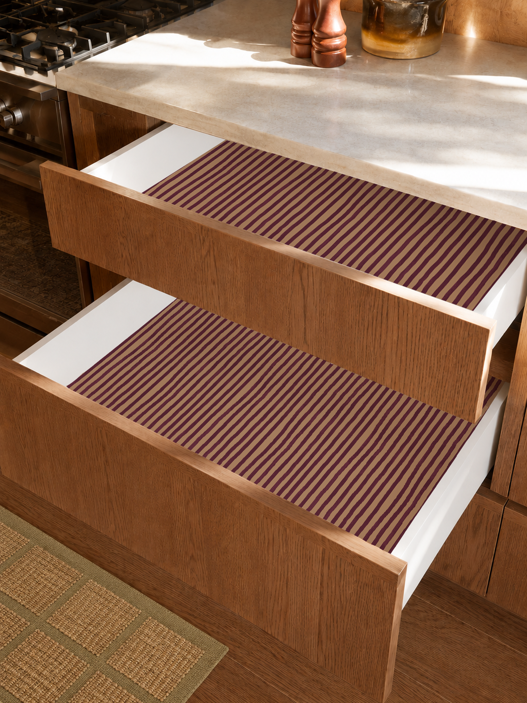 Dolce Stripe Contact Paper, peach and eggplant