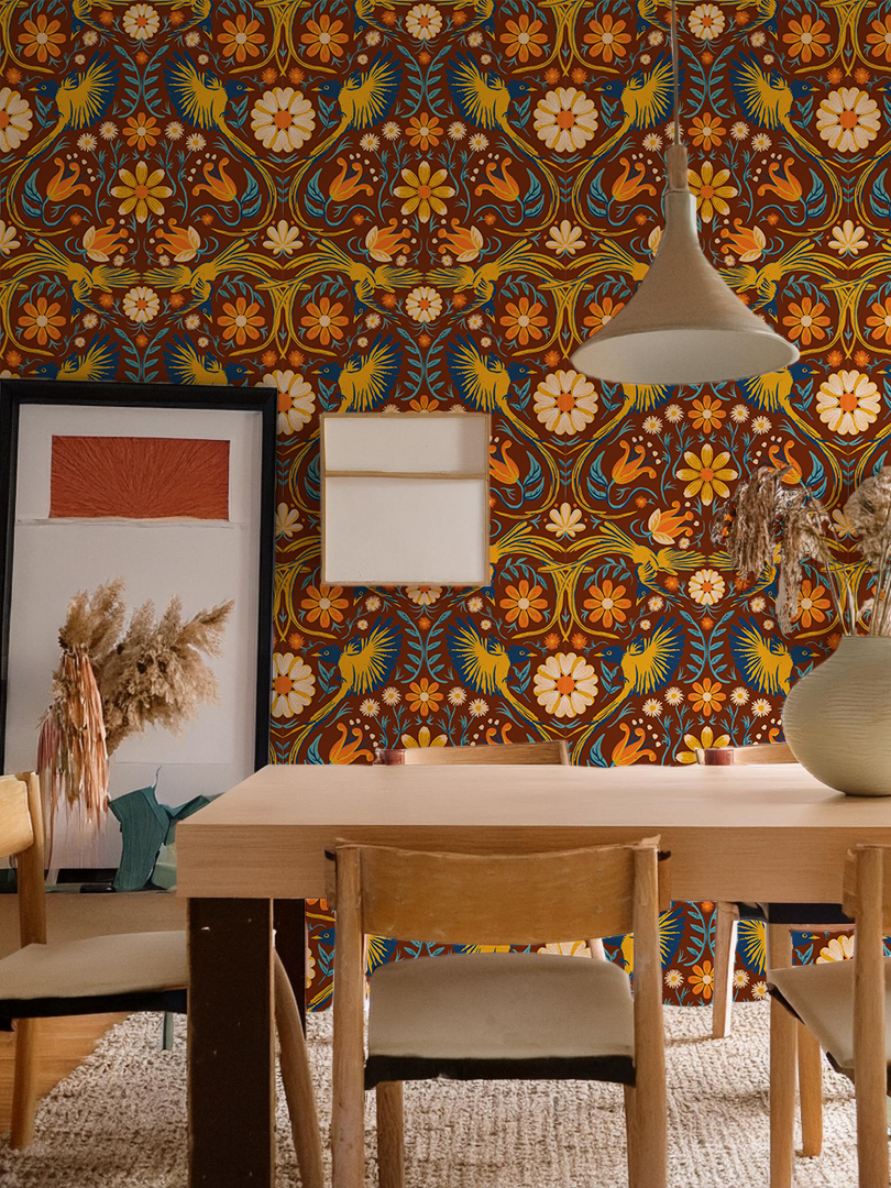 Folkie Birdie Wallpaper, rust, merigold & blue