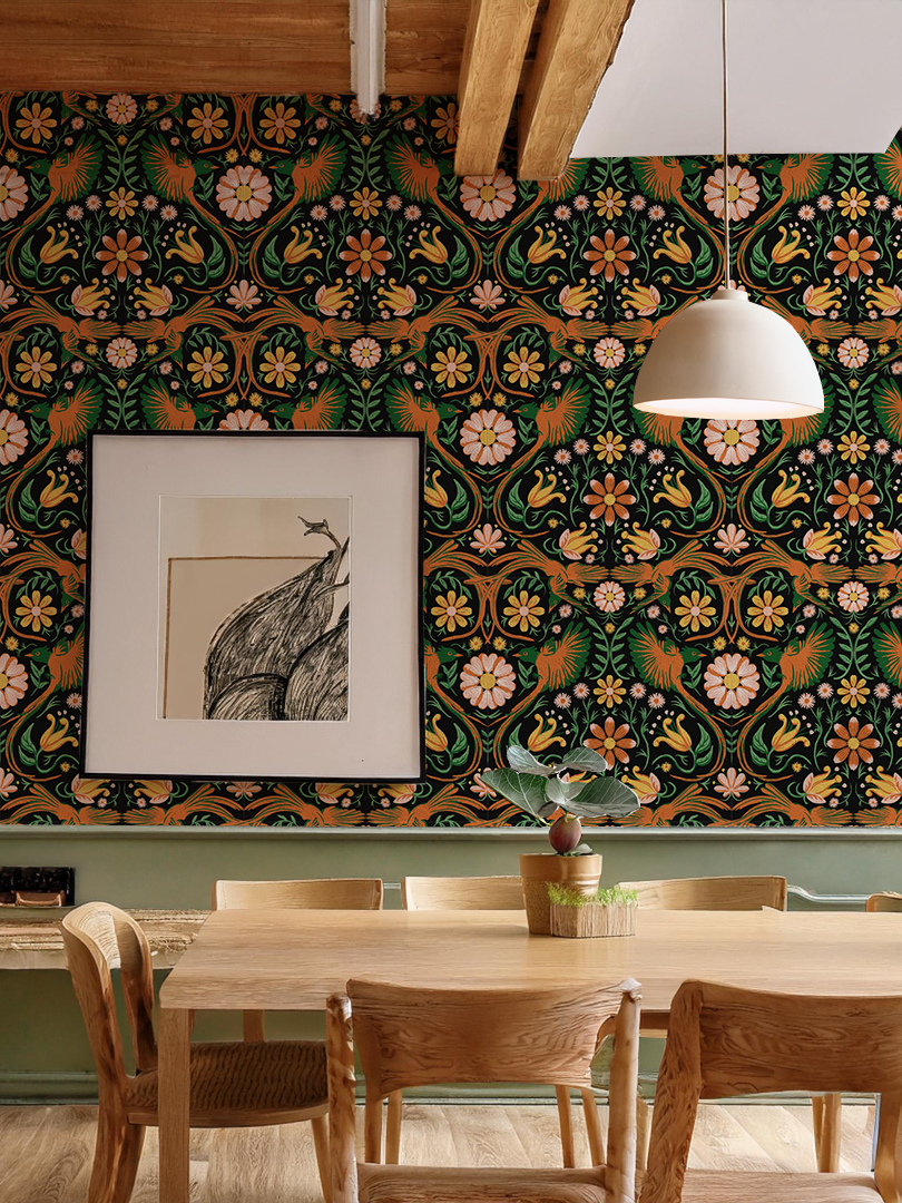 Folkie Birdie Wallpaper, black, orange & green