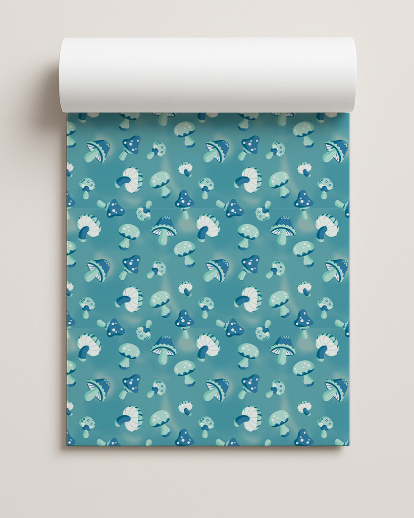 Yuletide Fungi Gift Wrap, blue and teal
