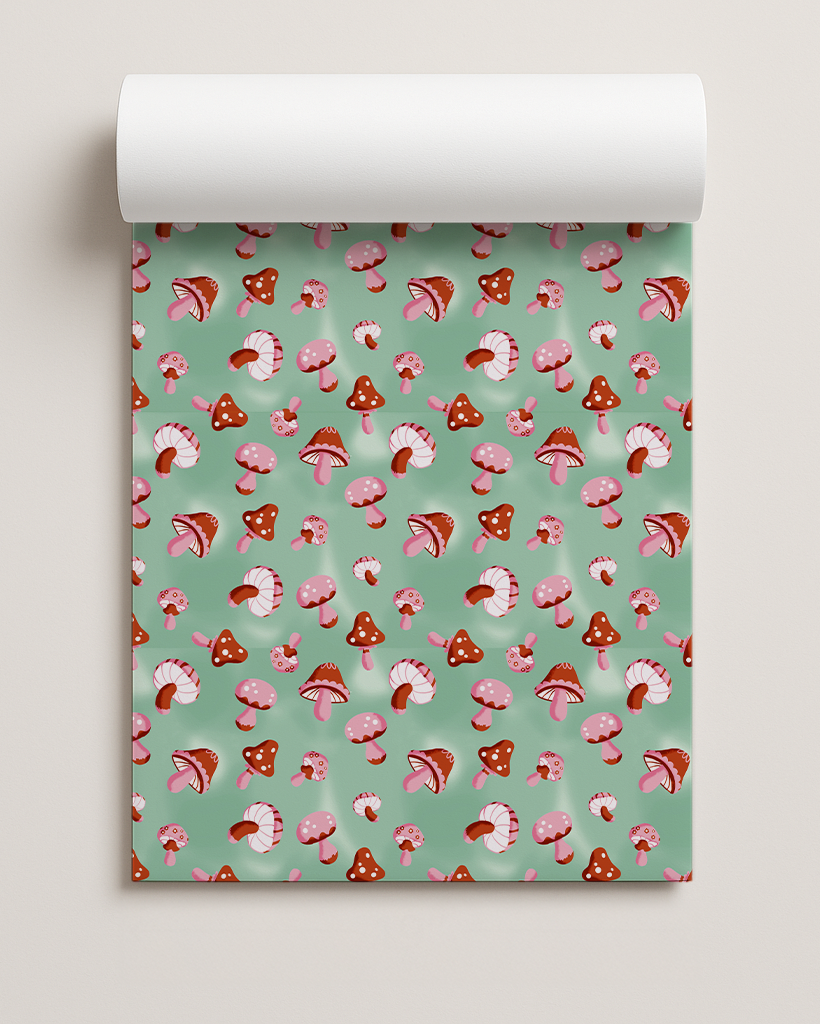 Yuletide Fungi Gift Wrap, mint, red and pink