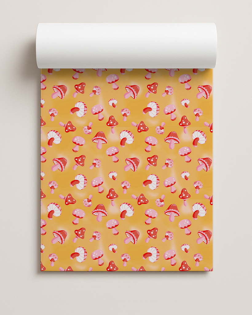 Yuletide Fungi Gift Wrap, yellow, red and pink
