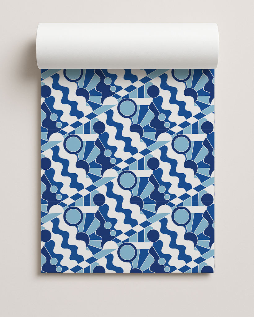 Yuletide Kaleidoscope Gift Wrap, blue and white