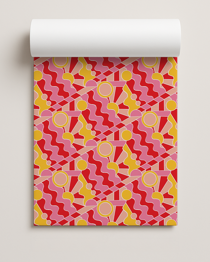 Yuletide Kaleidoscope Gift Wrap, pink, red and yellow