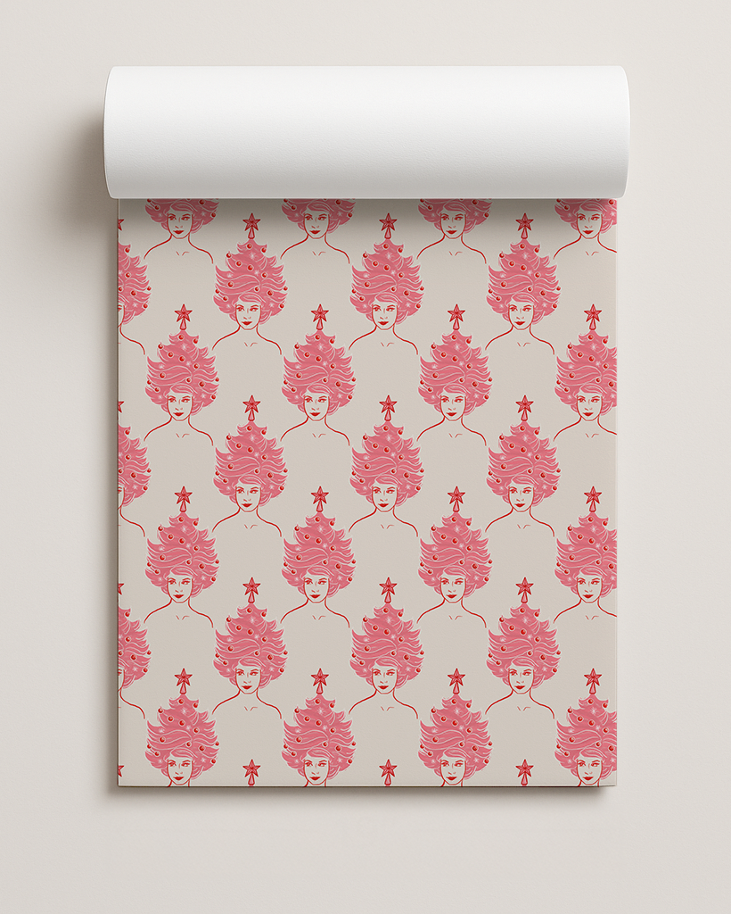 Tree Lady Gift Wrap, white and pink