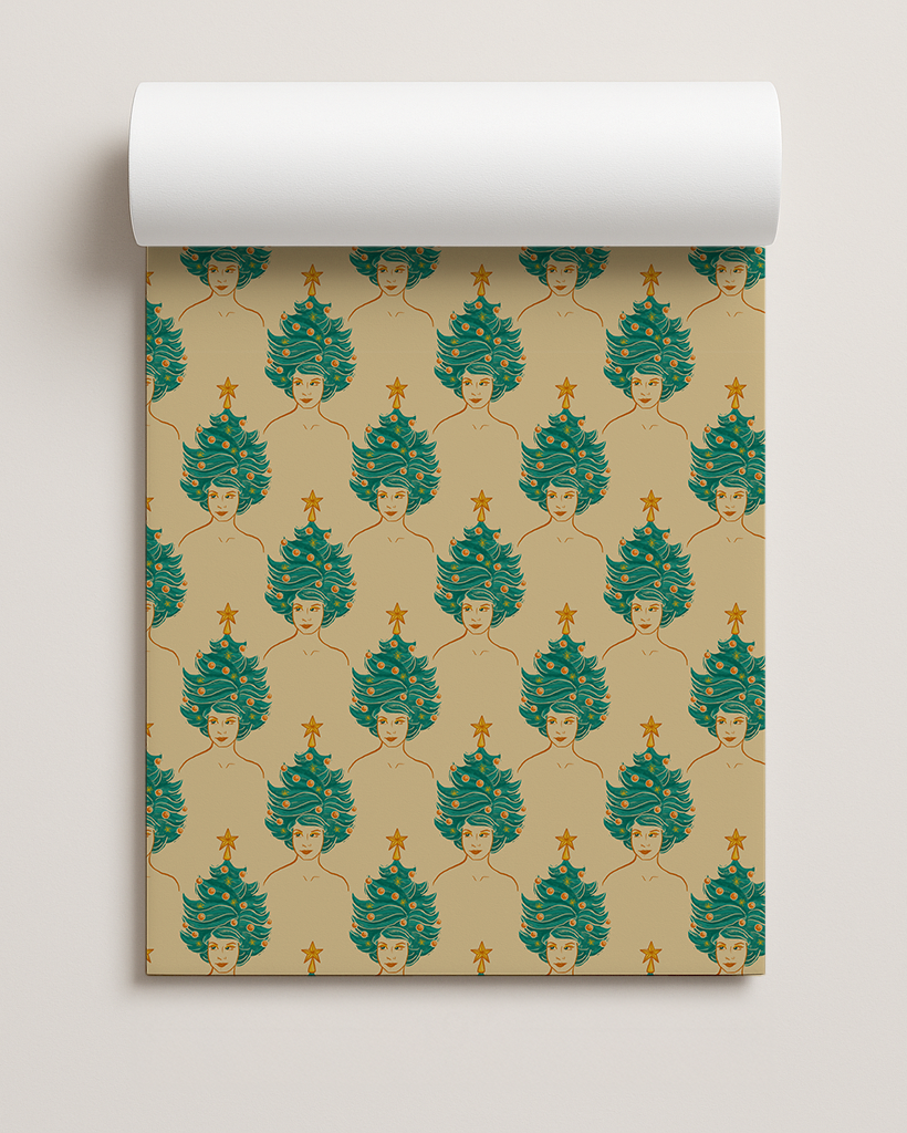 Tree Lady Gift Wrap, teal & butter yellow