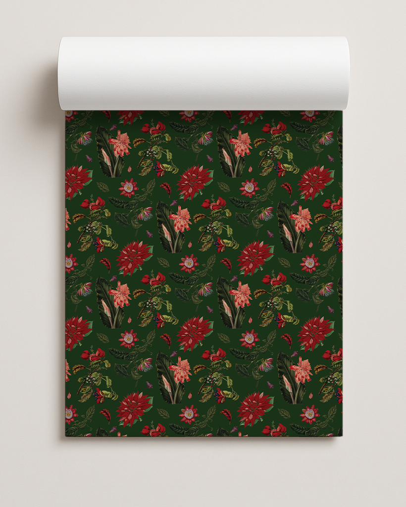 Vintage Poinsettia Gift Wrap, evergreen and red