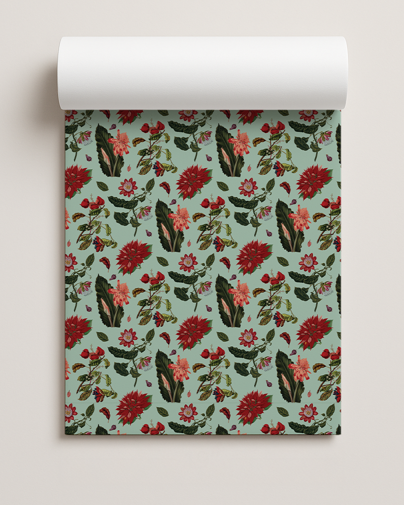 Vintage Poinsettia Gift Wrap, mint and red