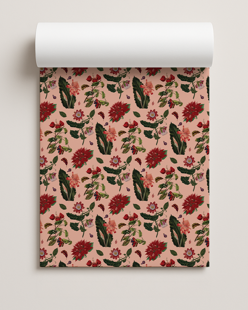 Vintage Poinsettia Gift Wrap, peach and red
