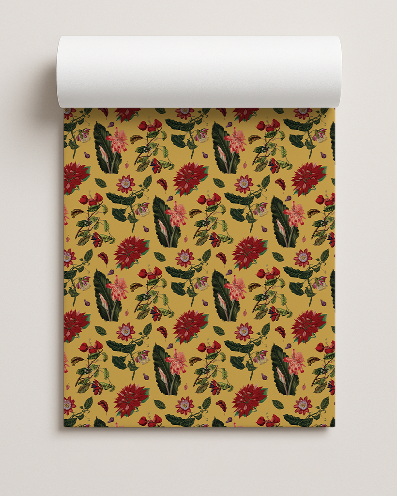 Vintage Poinsettia Gift Wrap, yellow and red