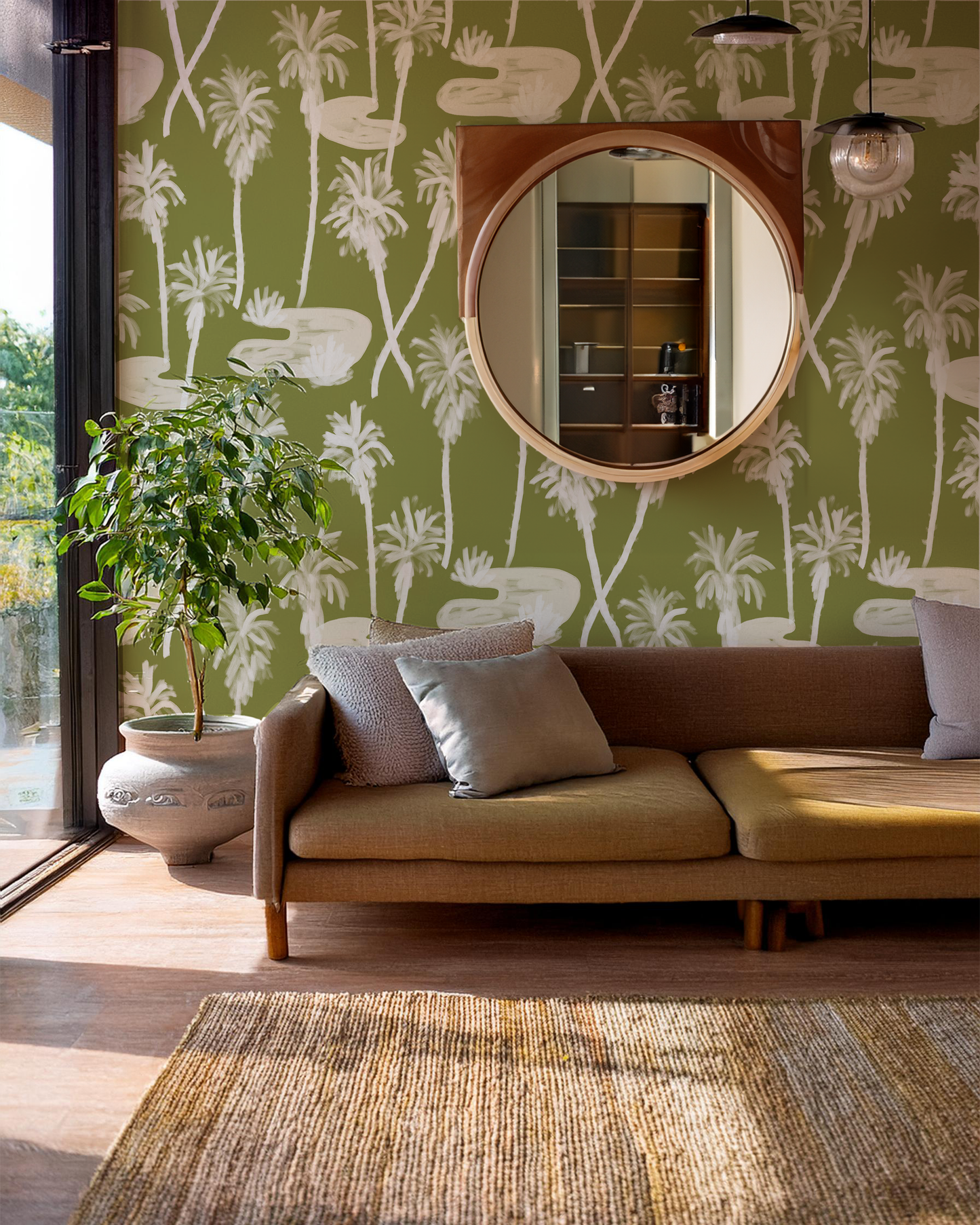 Palm Oasis Wallpaper, olive green and white